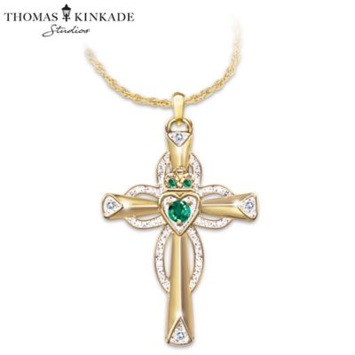 Thomas Kinkade Emerald & Diamond Claddagh Cross Pendant Necklace