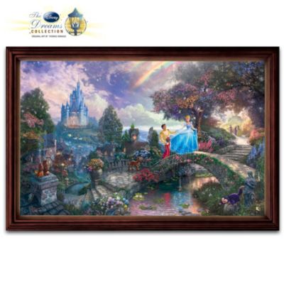 An endearing story and a master artist - two classics join together in this Thomas Kinkade Disney artwork. This stunning Cinderella wall decor commemorates the 60th anniversary of the Cinderella film! The stained-glass panorama tells the story with multiple scenes and characters - including Cinderella, the Prince, the castle, the stepsisters, the pumpkin coach and more - come together as one masterpiece. Classic Thomas Kinkade touches can be seen throughout, including a charming stone bridge, breathtaking gardens and the artist's signature use of light.  This Bradford Exchange special edition is limited to 6,000! The panorama is illuminated from within by LED lights that cast a warm glow with the flip of a switch. And you'll delight in seeing other Disney characters in the scene, including Snow White and Pinocchio. Strong demand is expected, so order now!  This fine home decor is not intended for children.