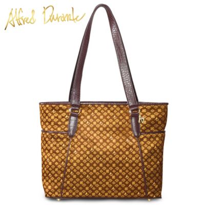 While designing at the prestigious Cartier, internationally-known designer Alfred Durante created jewelry for some of the most fashionable women in the world, including Marilyn Monroe, Princess Grace of Monaco and Elizabeth Taylor. Now he lends his artistic talent and master skills to an exclusive designer tote bag, available from The Bradford Exchange, so you can always carry the style and sophistication of Hollywood legends with you wherever you go.This stylish designer tote bag showcases a unique golden pattern of Mr. Durante's initials on rich brown tones, and is custom-crafted of a sturdy poly-cotton blend with a convenient zippered closure. Accented with faux leather straps and trim, it sparkles with designer style features, like the dangling metallic "AD" Durante signature charm, and a metal tag inscribed with Alfred's signature to signify the originality of the design. This brown-toned Durante tote bag makes a distinguished fashion addition that is sure to turn heads. Order now!