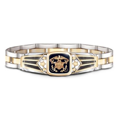 The Navy has braved the seven seas for generations to protect and defend the United States and her allies. Now a bold Navy bracelet allows you to salute those honorable individuals who choose to serve for freedom. This finely crafted stainless steel and black onyx men's bracelet is an original fine jewelry design exclusively from The Bradford Exchange.Handcrafted in durable, rugged stainless steel, this stylish Navy jewelry features a link-chain design that beams with a two-tone silver and golden finish. In the center is a golden U.S. Navy emblem - the stirring eagle, flag and crossed anchors - standing out proudly against a genuine black onyx center stone. Flanked on both sides by rows of raised-relief golden stars and textured stripes, this distinctive Navy bracelet is the perfect way to show your pride. Strong demand is expected, so order now!