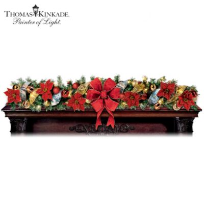 Warm light pouring from cottage windows, snow-covered roofs and sleigh rides - no one does Christmas like Thomas Kinkade! Celebrate the holidays with The Painter of Light with a first-ever pre-lit Christmas garland. Faux pine branches are the backdrop for 4 feet of satiny ribbon showcasing 4 unique, beloved Thomas Kinkade holiday scenes. The artwork includes "Victorian Christmas I," and "Sunday Evening Sleigh Ride," and is beautifully illuminated by 60 replaceable mini-lights for a warm glow.Exclusively from The Bradford Exchange, this artificial Christmas garland comes fully decorated with 18 coordinated crimson and golden ornaments with glossy finishes and glitter accents. There are 6 life-sized, velvety poinsettias, glittery golden accent ribbon and a golden-trimmed, hand-tied bow in the center for the perfect finishing touch. Strong demand is expected for this artistic holiday gardland, so order now!