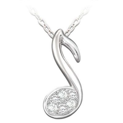 Music is filled with emotion that can put a song in your heart, a spring in your step or soothe your soul. Experience the power of music wherever you go with this strikingly beautiful musical note pendant. This stunning pendant is handcrafted of gleaming solid sterling silver that is sculpted into the shape of a graceful musical note. It's a symphony of sparkle with 3 genuine diamonds in a pave setting at the center.This musical note jewelry suspends from an 18" solid sterling silver decorative chain, and is a fine jewelry exclusive from The Bradford Exchange. It comes with a meaningful sentiment card that reads, "Look for the music in all things and life will be a Song of Joy." It arrives in a velvet jewelry pouch and gift box perfect for safekeeping or gift giving, and makes a thoughtful gift for a music lover. Strong demand is expected, so order now!