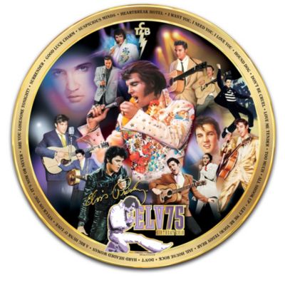 His music and movies bring joy to so many people. Celebrate the amazing career of the King of Rock 'n' Roll with this handsome collector plate that showcases 14 stunning artwork images in an Elvis&reg; collage by four acclaimed artists, including Bruce Emmett, Nate Giorgio, Glen Green and Morgan Weistling. Plate also features Elvis's TCB lightning bolt symbol, his replica autograph and the official 75th birthday logo. Twin bands of gleaming 22K gold serve as a border for the 18 titles of all of Elvis's U.S. number one hits that "frame" the collage.The plate is handcrafted of fine porcelain by artisans of Edwin M. Knowles Fine China, and exclusively from The Bradford Exchange. It arrives in a custom-crafted presentation case with silken lining. Strong demand is expected for this Elvis 75th Anniversary Masterpiece Edition, so order now!