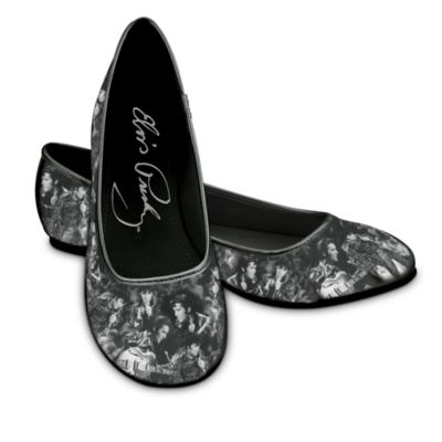 Whether it's rock 'n' roll or a romantic ballad, people can't help but move when they hear the sound of Elvis's&reg; voice! And just like the King of Rock 'N' Roll&reg; turned heads, you'll turn heads when you step out in these fashionable Elvis Presley&reg; women's shoes. They're adorned on all sides with a montage of classic black and white performance portraits of Elvis doing what he did best - belting out a song.  These exclusively designed fashionable ballet flats from The Bradford Exchange are casual enough for kicking up your heels at home, and the perfect choice for a night on the town. The chic Elvis women shoes are crafted of imported canvas, with a matte black satin trim. They have comfortable lightly padded insoles, flexible synthetic soles and a 1/4" heel. And the crowning touch is Elvis's replica signature that takes center stage on the inside of the shoes. They make the perfect Elvis fan gifts for women in your life. Strong demand is expected from Elvis enthusiasts, so order now!
