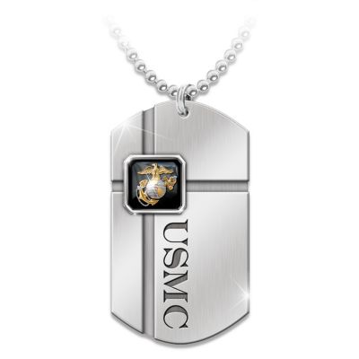 Marines have always been there for us, ready to make the ultimate sacrifice, defending freedom whenever and wherever it is challenged. Now you can show the marine in your life your true appreciation with the For My Marine USMC dog tag necklace, a fine jewelry design exclusively from The Bradford Exchange. This distinctive Marine Corps dog tag necklace bears dramatically detailed symbols and words of honor and arrives in a custom-designed case that includes a sentiment card with the "For My Marine" poem.This USMC pendant is superbly handcrafted in tough-as-a-Marine stainless steel and features a genuine black onyx stone, framed in stainless steel, strategically placed at the center of a symbolic cross. In sculpted, raised-relief on the black onyx is the Corps emblem in silver and golden tones. Adding to its special meaning, this Marine dog tag is engraved on one side with "USMC", and on the reverse side with "SEMPER FIDELIS", the Marine Corps emblem, and the Corps' values of "HONOR, COURAGE, COMMITMENT." Strong demand is expected for this distinguished dog tag necklace, so don't wait. Order now!