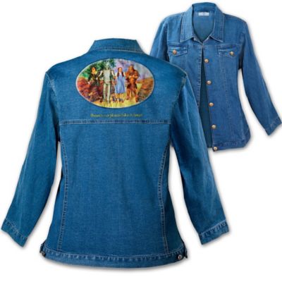Everyone can appreciate a classic - or even two! This Wizard of Oz jacket combines two classics for one great look! You'll love wearing this classic denim Wizard of Oz apparel. The back features full-color, authentic Wizard of Oz art showcasing Dorothy, Scarecrow, Tin Man, Cowardly Lion and Toto skipping down the Yellow Brick Road. The classic movie line, "There's no place like home!" is embroidered underneath the artwork.This exclusive Bradford Exchange fashion debut is custom designed in high-quality, vintage-wash, medium-weight denim that is both comfortable and figure flattering. The durable and versatile jacket features adjustable buttons on the sides, along with two front pockets and two convenient side seam pockets. The antique brass buttons feature ruby red slippers in tribute to Dorothy. High demand is expected from Wizard of Oz enthusiasts, so order now!