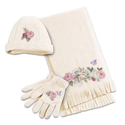 No matter how chilly it gets, it's easy to always let beauty bloom! Uniting the comfort of high-quality fleece with the gorgeous visions of beloved artist Lena Liu, The Bradford Exchange is proud to introduce "Garden's Perfection" - a first-ever Lena Liu floral art scarf set that is not available in any stores. This luxuriously coordinated 3-piece scarf set includes a cozy floral art hat and gloves, and is guaranteed to wrap you in comfort that is blooming with style.Lena Liu's beautiful artwork of roses and butterflies is reproduced in intricate embroidery across all four pieces of this fashionable women's winter accessories set, crafted of high-quality mid-weight fleece for wind resistance and comfort. In a soft ivory hue that complements most clothing ensembles, this floral art scarf set will make a splendid addition to your wardrobe. Don't wait to wear this custom-designed original set - order now!