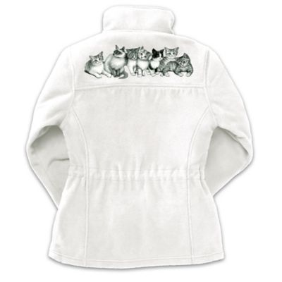 The playful antics of our kitty companions make spending quality time with them irresistible. Now you can enjoy the warmth and charm of a few feline friends - wherever you go - thanks to the Purr-fect Playmates reversible cat art jacket, available exclusively from The Bradford Exchange. This fashionable kitten jacket for women is sure to keep you snug, and stylish, while surrounding you in the adorable cat artwork of beloved illustrator Lisa McCue - which appears on the front of both sides of the reversible fleece jacket, and on the back of the ivory side too!Expertly fashioned of mid-weight, high-quality fleece, your reversible cat jacket is styled with a flattering princess cut, decoratively stitched seams and an adjustable drawstring waist. Just slip into the luxurious softness of this casual-style jacket and zip up some feline fancy, with a shimmering zipper pull that's sculpted in the shape of an adorable kitty for extra purr-sonality. You are sure to be the cat's meow in this exclusive cat apparel for women, so don't wait another minute - order now!