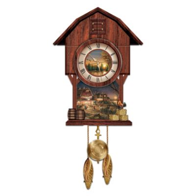 Fill each hour of your day with the tranquil beauty of simpler times in this striking Terry Redlin Clock. Exclusively from The Bradford Exchange, this extraordinary timepiece is graced by two of Mr. Redlin's most highly sought portraits, including Harvest Moon Ball art.Details handcrafted in artist's resin add even more charm to this harvest moon wall clock, including sculpted adornments and decorative hanging pinecones while the clock features a real wood case. Best of all, at the beginning of each hour the tiny door at the top of the cabinet opens and a sculpted rooster emerges with a cheerful crow! The timepiece itself is superbly crafted with accurate quartz movement, graceful hands, and a swinging brass-toned pendulum, creating a unique home decor collectible you'll be thrilled to display in any room! Makes great gift for farm lovers, but intense demand is expected for this limited-edition treasure. Order now!!