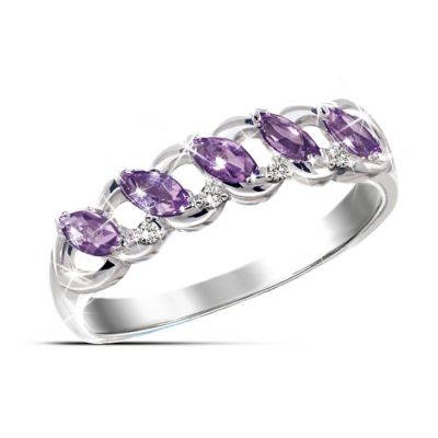 Style, passion and elegance - three things that every fashion-forward woman values and deserves! Now, you can celebrate eternal beauty and style with this stunning diamond and amethyst eternity ring, a fine jewelry exclusive from The Bradford Exchange.Fashioned in the popular eternity style, this striking amethyst and diamond ring is handcrafted of solid sterling silver and features genuine diamonds and amethysts. Connected by loops of shimmering silver, the five exquisite marquise-shaped amethysts are set on an angle, creating a flowing design that is so graceful it almost seems to be moving! Four dazzling solitaire diamonds are placed between the amethysts, adding even more sparkle to this purple amethyst ring. Plus, this keepsake arrives in a custom presentation case, perfect for safekeeping and gift-giving. High demand is expected, and you won't want to miss out. Order now!