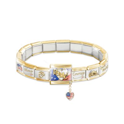 You proudly shine Marine pride and support wherever you go. Now you can wear a stylish tribute to your favorite marine with this Marine charm bracelet with 17 interchangeable Marine Corps charms, including 3 FREE charms. It's handcrafted in stainless steel with 18K gold plating and full-color enamel art. You'll delight in the patriotic, symbolic and sentimental charms, including an eagle, the Statue of Liberty, the Marine bulldog, and the words, "Duty," and "My Marine."  This meaningful Marine Corps bracelet is a fine jewelry exclusive from The Bradford Exchange. The center charm features an 18K-gold-plated USMC heart with a genuine Swarovski&reg; crystal against an American flag background. A heart charm with a second American flag, dangles from the larger charm. This striking tribute arrives in a velvet jewelry pouch and gift box. Strong demand is expected, so order now!  California Residents click here for Proposition 65 notice.