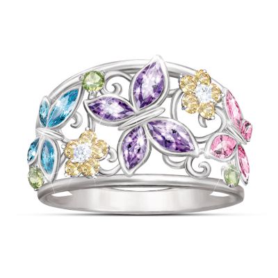 Sterling Silver Spring Radiance Butterfly Ring Featuring Three Cubic Zirconia Butterflies