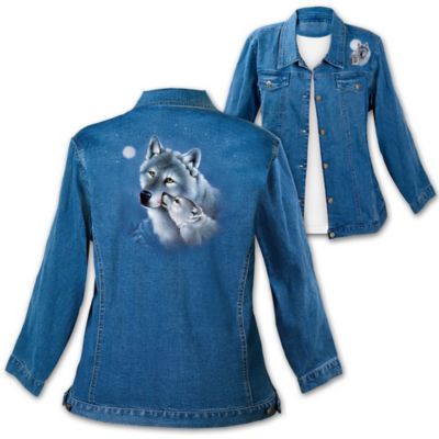 Throughout time, wolves have fascinated us with their beauty, nobility and their unfaltering loyalty to the pack. Now you can proudly wear the awe-inspiring beauty of the wolf with this exclusive Moments in the Wilderness women's denim jacket, available only from The Bradford Exchange. With striking wolf art by acclaimed wildlife artist Eddie LePage, this women's denim jacket is truly a wearable work of art!Crafted of durable, medium-weight, stone-washed denim, this wolf art jacket is tailored in a flattering cut, with two front pockets and shiny metal buttons. A stirring portrait of a mother wolf and her pup are embroidered on both the front and back, capturing their majesty from any angle. Enthusiastic demand is expected, so don't delay. Order now!