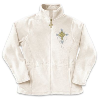 Surround yourself in an inspiring vision of life's true blessings - the gifts of faith, hope and love - with this inspirational apparel design available exclusively from The Bradford Exchange. Exquisite applique crosses and cross embroidery in golden and silvery metallic thread grace both the front and back of this stylish ivory fleece jacket, serving as an elegant reminder of the things you cherish most.Custom-crafted of high-quality mid-weight fleece, this wardrobe essential is styled with a flattering princess cut and decoratively stitched seams. Three Christian crosses in different designs grace the back of this fleece jacket, along with the words "Faith", "Hope" and "Love" in graceful script. The jacket front features a large applique cross with coordinating sculpted metallic cross zipper closure. Strong demand is expected for this wearable work of art, so don't delay. Order now!