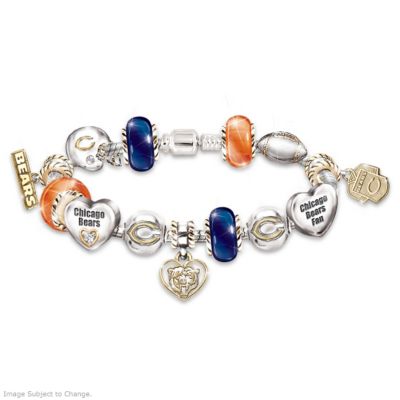 Chicago Bears fans love getting all decked out for their team. You can show off your Monsters of the Midway pride with this Chicago Bears bracelet. The bracelet features 13 handcrafted and interchangeable charms plated with sterling sliver and rich 24K gold, and embellished with sparkling Swarovski&reg; crystals. The dangling charms that suspend from sterling silver-plated and gold-plated rondelles, include a Chicago Bears jersey and a delicate open-heart featuring the team's "bear" logo.This Chicago Bears jewelry is a fine design exclusive from The Bradford Exchange. Charms include a football, a Bears helmet with a sparkling crystal. There is also a heart charm engraved with "Chicago Bears," and accented with a crystal in a smaller 24K gold-plated heart. This woman's bracelet arrives in a velvet jewelry pouch and gift box. Strong demand is expected from Chicago Bears fans, so order now!California Residents click here for Proposition 65 notice.