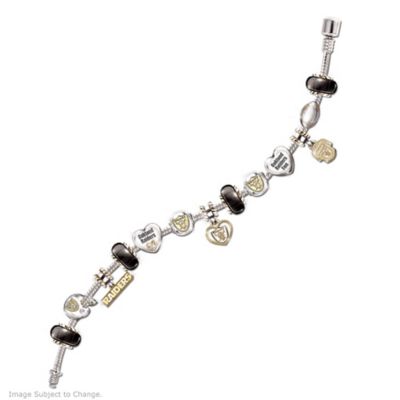 With three Super Bowl titles to their claim, Oakland Raiders fans love to show off their team spirit. Now fans of the black and silver can showcase their pride with this winning Oakland Raiders bracelet. The bracelet features 13 handcrafted and interchangeable charms plated with sterling silver and rich 24K gold, and embellished with sparkling Swarovski&reg; crystals. The dangling charms that suspend from sterling silver-plated and gold-plated rondelles include a Raiders jersey and a delicate open-heart featuring the team logo.This charming Oakland Raiders jewelry is a fine design exclusive from The Bradford Exchange. Charms include a football and a Raiders helmet with a sparkling crystal. There is also a heart charm engraved with "Oakland Raiders," and accented with a crystal inside a smaller 24K gold-plated heart. The bracelet arrives in a velvet jewelry pouch and gift box. Strong demand is expected from Oakland Raiders fans, so order now!California Residents click here for Proposition 65 notice.