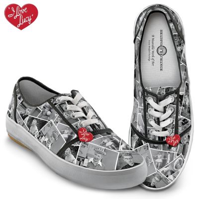 Your taste in shoes shows it all! Now, you can add a little nostalgic fun to your feet with your favorite leading lady in these charming I LOVE LUCY sneakers, available exclusively from The Bradford Exchange.You'll be stepping in style when you wear these stylish sneakers showcasing TV's hilarious Lucy Ricardo in black and white I LOVE LUCY images. These fun sneakers feature a canvas upper covered in a delightful collage of favorite images from I LOVE LUCY episodes, while the white rubber soles and foam insoles promise wear-anywhere comfort. Plus, red heart-shaped logo charms dangle from the laces for added delight. Strong demand is expected, and you won't want to miss out. Order now!