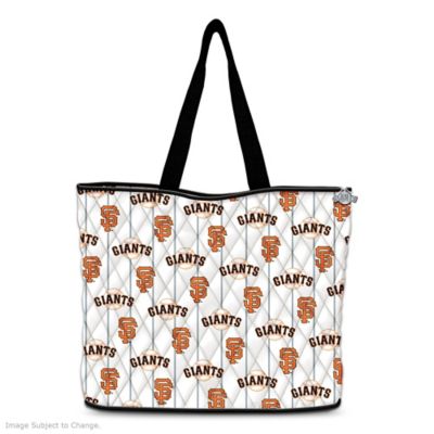 Fans of the San Francisco Giants have a lot to cheer about! In 2010, their team brought home another World Series&reg; championship. Now you can celebrate the six-time overall champs wherever you go with this San Francisco Giants tote bag! This designer-style tote showcases the official team logo on both sides. The functional San Francisco Giants bag features comfortable straps with a 9" drop and a roomy interior with a zippered closure to keep your valuables secure. And two inside pockets help you stay organized.  This officially licensed tote from The Bradford Exchange makes a winning gift for a San Francisco Giants fan! It's crafted of imported, soft quilted fabric. A metal zipper pull charm showcasing the official Giants logo, and adds to the stylish design. Comes with 2 FREE matching, quilted cosmetic cases, one for cosmetics and one for brushes, each with a zippered closure. Strong demand is expected, so order now!