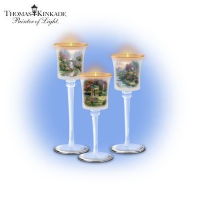 Thomas Kinkade Glass Stem Candleholder Set: Garden Of Elegance