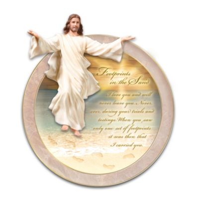Footprints In The Sand Collector Plate With Sculpted Jesus Figure