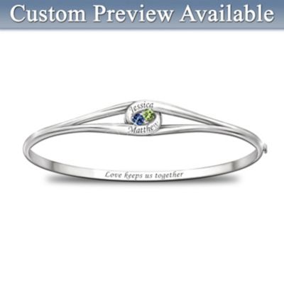 Joined In Love" Personalized Bracelet With 2 Birthstones And 2 Engraved Names