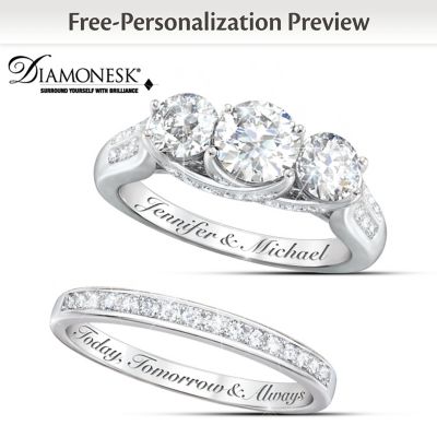 Diamonesk Personalized Engraved Engagement Ring And Wedding Band Set