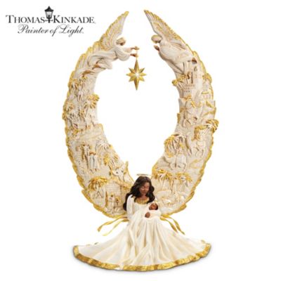 Thomas Kinkade Illuminated African American Nativity Angel Sculpture: Away In A Manger