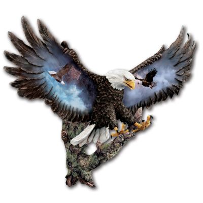 Imagine misty clouds, soaring mountains - the crisp air is rent by the piercing call of a bald eagle as soars above you! Now, your dramatic visions come to life with this collectible eagle wall sculpture, featuring stunning eagle portraits by acclaimed wildlife artist Ted Blaylock. This impressive work of 3D wall decor art portrays a magnificent eagle landing on a moss-covered limb. His widespread wings showcase Mr. Blaylock's vivid bald eagle portraits in a truly unforgettable presentation! This exclusive, limited-edition collectible eagle wall sculpture from the Bradford Exchange is carefully handcrafted and hand-painted, making yours a one-of-a-kind masterpiece. A dramatic display anywhere in your home, or an extraordinary bald eagle gift for someone who appreciates the beauty of nature - order now!