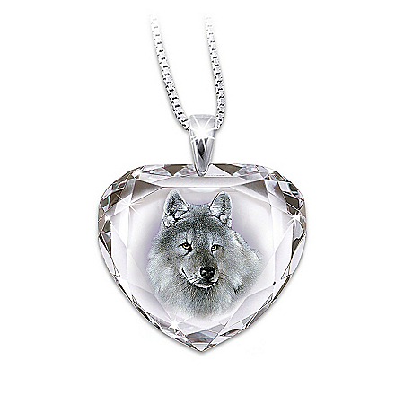Silver Scout Cut Crystal Pendant Necklace With Wolf Art
