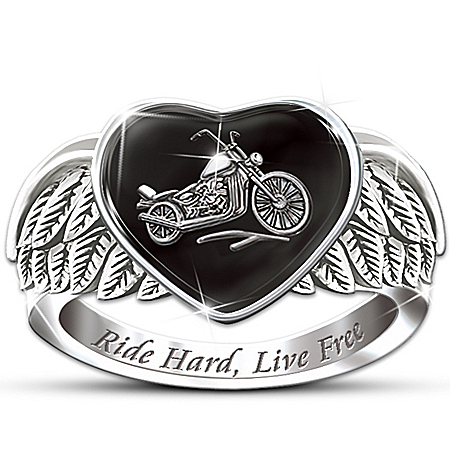 Ride Hard, Live Free Engraved Sterling Silver Ladies Motorcycle Ring: Jewelry Gift For Her