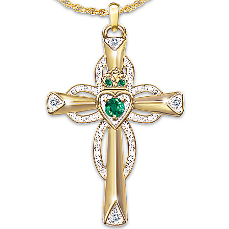 Thomas Kinkade Emerald & Diamond Claddagh Cross Pendant Necklace