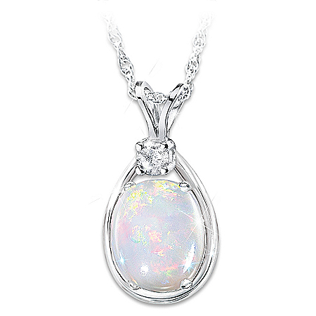 Shimmering Elegance Opal And Diamond Sterling Silver Pendant Necklace