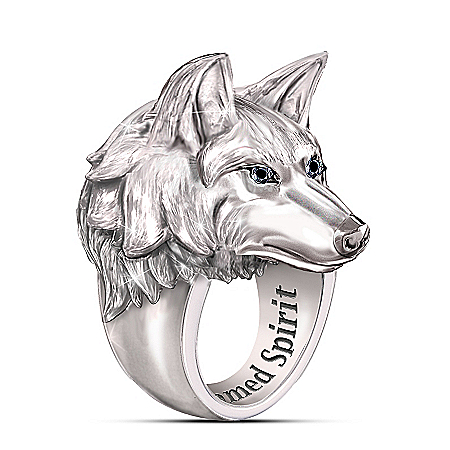Wolf Head Mens Stainless Steel Ring with Black Sapphire Eyes and Engraving