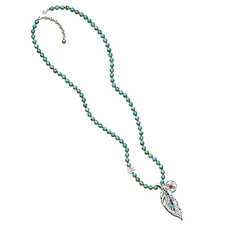 Sedona Sky Turquoise Long Necklace With Feather Charm