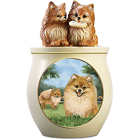 Linda Picken Pomeranian Art Ceramic Cookie Jar With Sculpted Poms On Lid