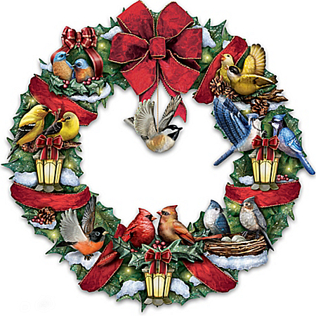 Merry Melodies Lighted Songbird Wreath Plays Medley of 8 Christmas Carols