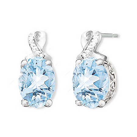 Genuine Aquamarine And Diamond Pierced Post-Style Earrings