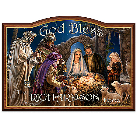 Dona Gelsinger “God Bless Our Home” Nativity Art Personalized Welcome Sign
