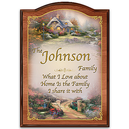 Thomas Kinkade Wooden Welcome Sign Personalized with Family Name: Forever Family