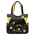 Buy Get Happy Women's Black And Yellow Smiling Face Quilted Tote Bag