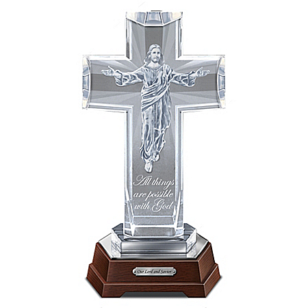 His Heavenly Grace Illuminated Glass Cross With Mirrored Base