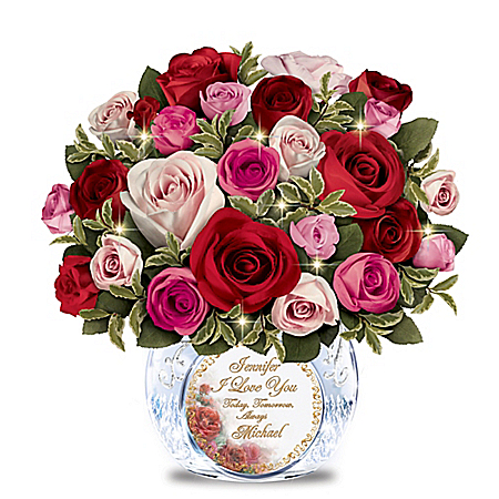 Romantic Handmade Rose Bouquet Personalized with 2 Names: Crystal Vase Lights Up