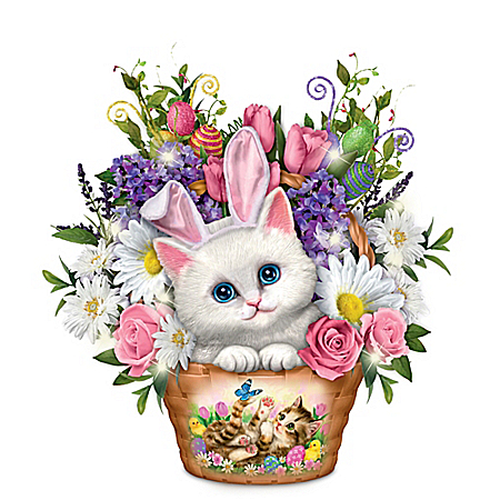 Kayomi Harai Illuminated Kitten and Floral Centerpiece in Easter-Basket Design