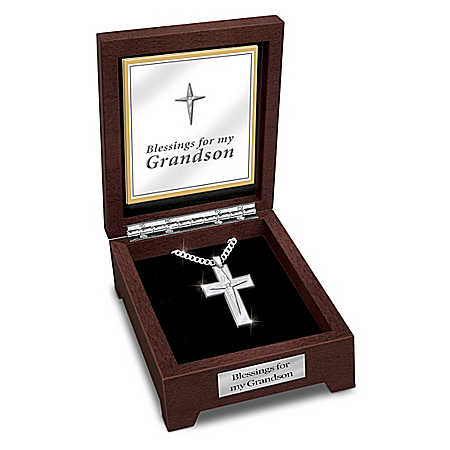 Blessed Grandson Stainless Steel Religious Cross Pendant Necklace with Valet Box
