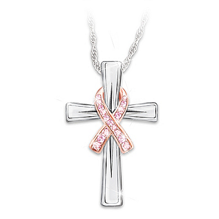 Breast Cancer Awareness Womens Sterling Silver-Plated Cross Pendant Necklace