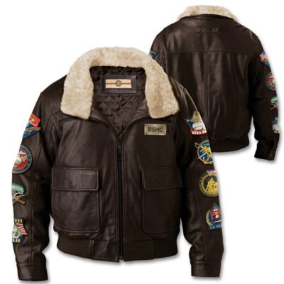 USMC Semper Fi Men's Leather Bomber Jacket With Vintage-Look Patches