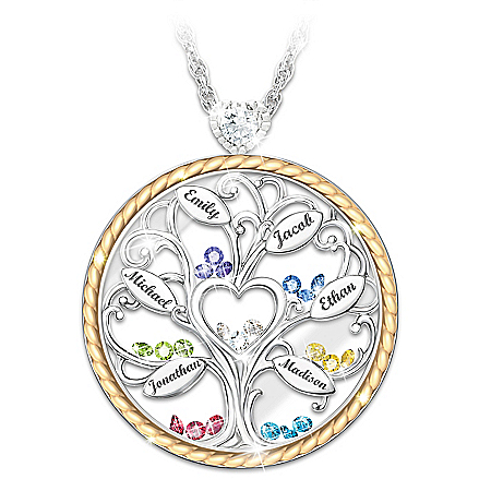 Our Story Women’s Personalized Crystal Birthstone Pendant Necklace Featuring A Family Tree Design & 18K Gold-Plated Accents – Pe