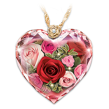 Love Blooms Forever Diamond Crystal Women’s Heart-Shaped Pendant Necklace