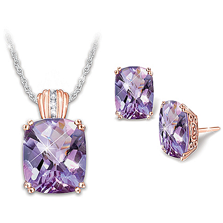 Necklace And Earrings Set With 5 Carats Of Genuine Amethyst