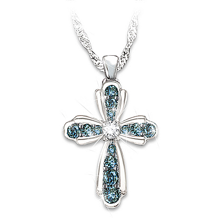 Blessings For My Granddaughter Blue and White Diamond Cross Pendant Necklace